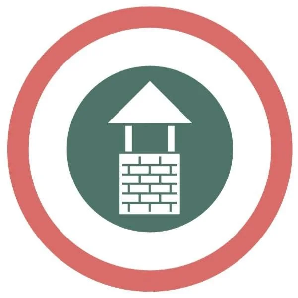 Icon of a well with a roof, inside a green circle, surrounded by a red circle.