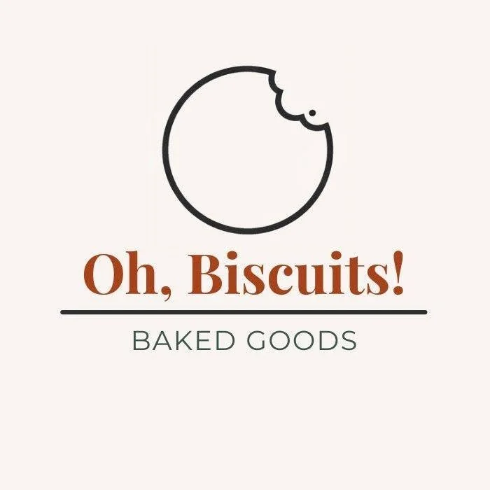Logo of a half-eaten biscuit with the text "Oh, Biscuits! Baked Goods"