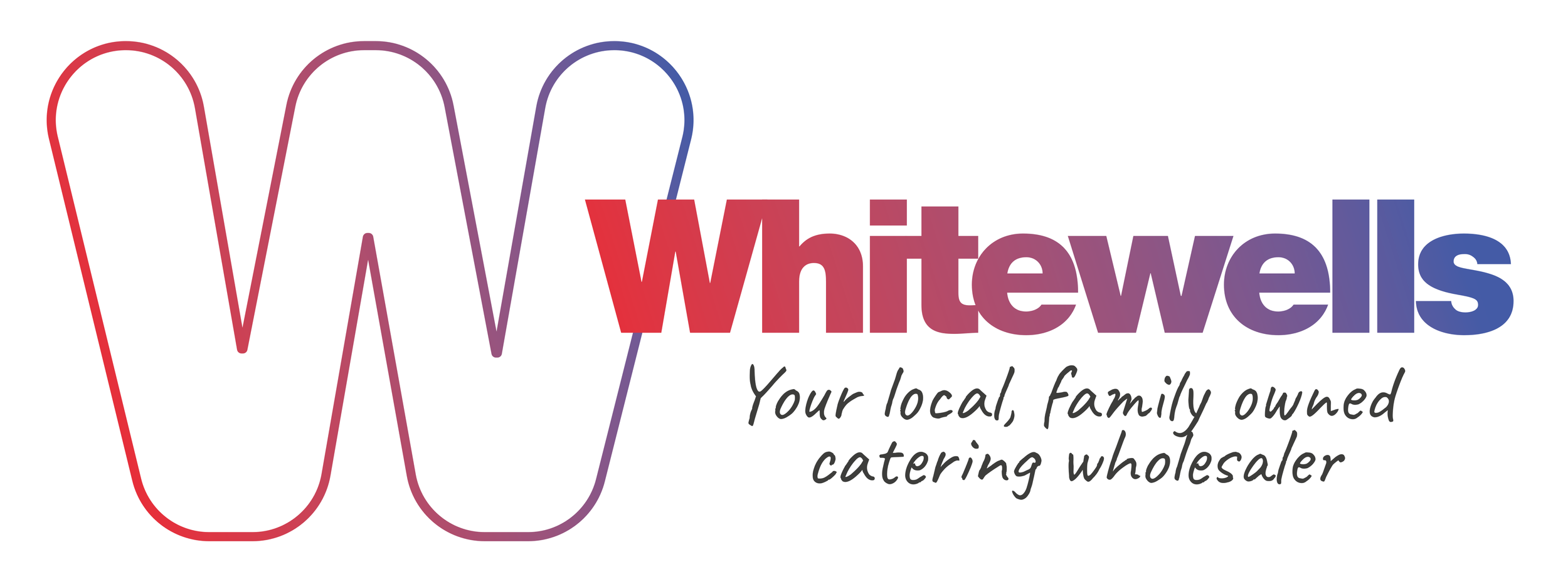 Whitewels logo featuring large stylized 'W' in red, purple, and blue gradient, with black handwritten text underneath that reads 'Your local, family owned catering wholesaler'.