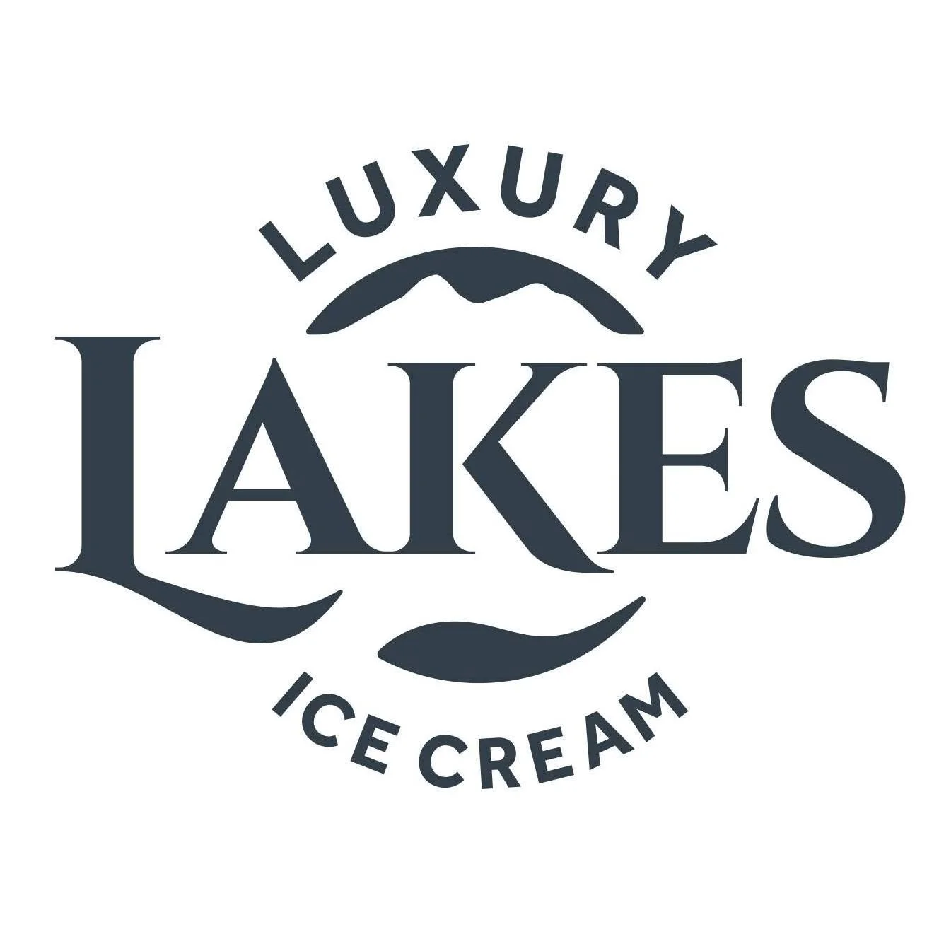 Logo for Luxury Lakes Ice Cream with stylized mountain and water elements