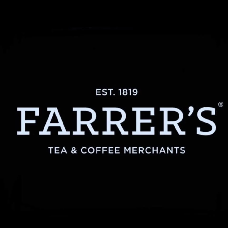 Farrer’s Tea & Coffee Merchants logo on a black background, established in 1819.