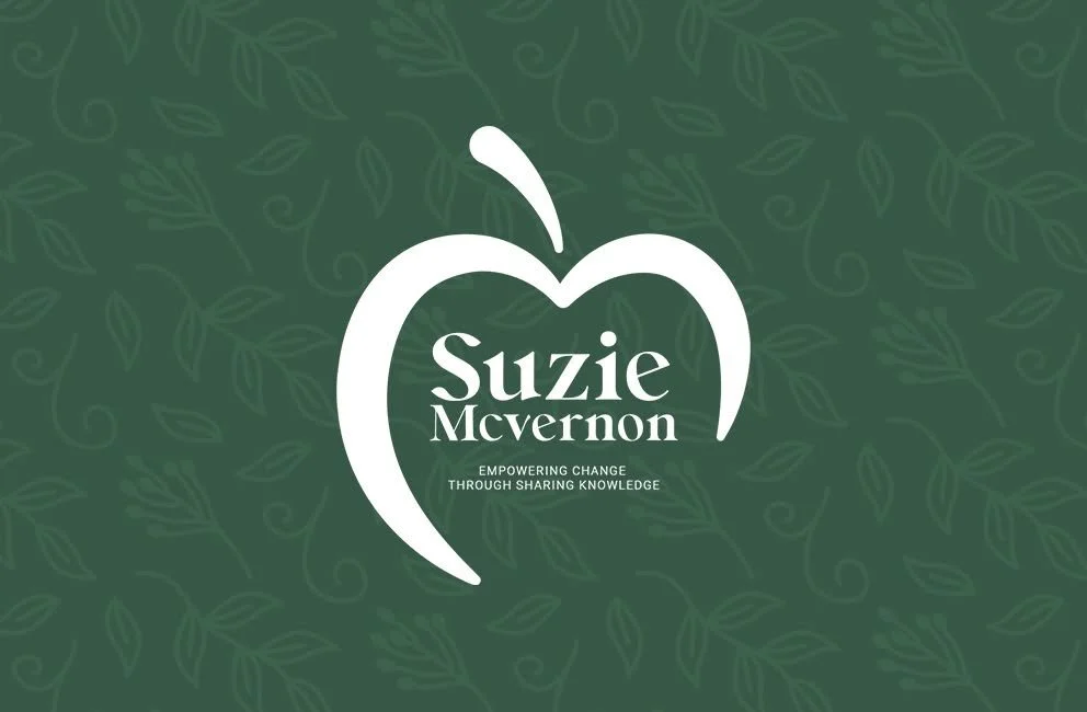 Logo with a stylized apple and the name 'Suzie Mcvernon' on a green background with a leaf pattern. Tagline: 'Empowering change through sharing knowledge.'