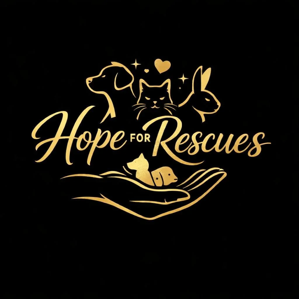 Gold-colored logo with a dog, cat, rabbit, and small puppy, with a hand holding a small animal, and the text "Hope for Rescues" on a black background.