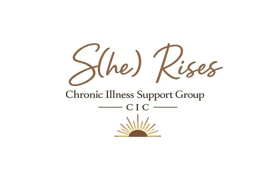 Logo for She Rises Chronic Illness Support Group, with a rising sun illustration.