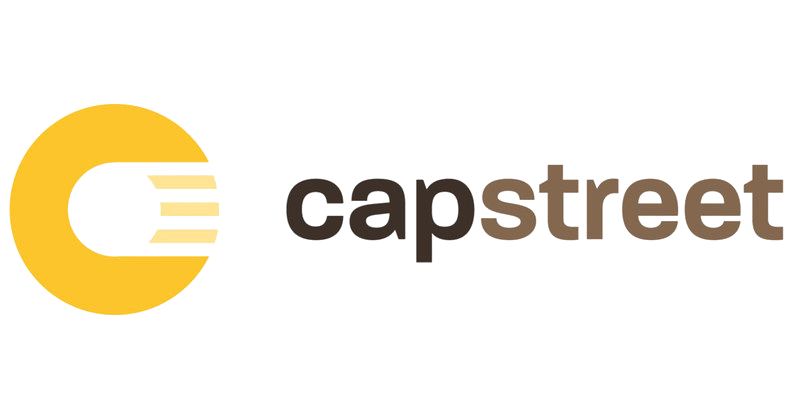 Capstreet logo featuring a yellow circle with a stylized letter C and three horizontal lines, alongside the word 'capstreet' in lowercase brown letters.