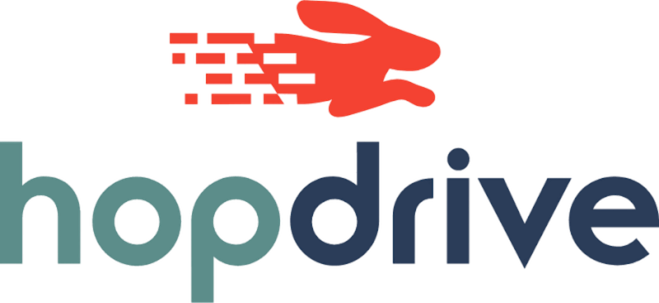 Logo for HopDrive featuring a red stylized hand above the text.