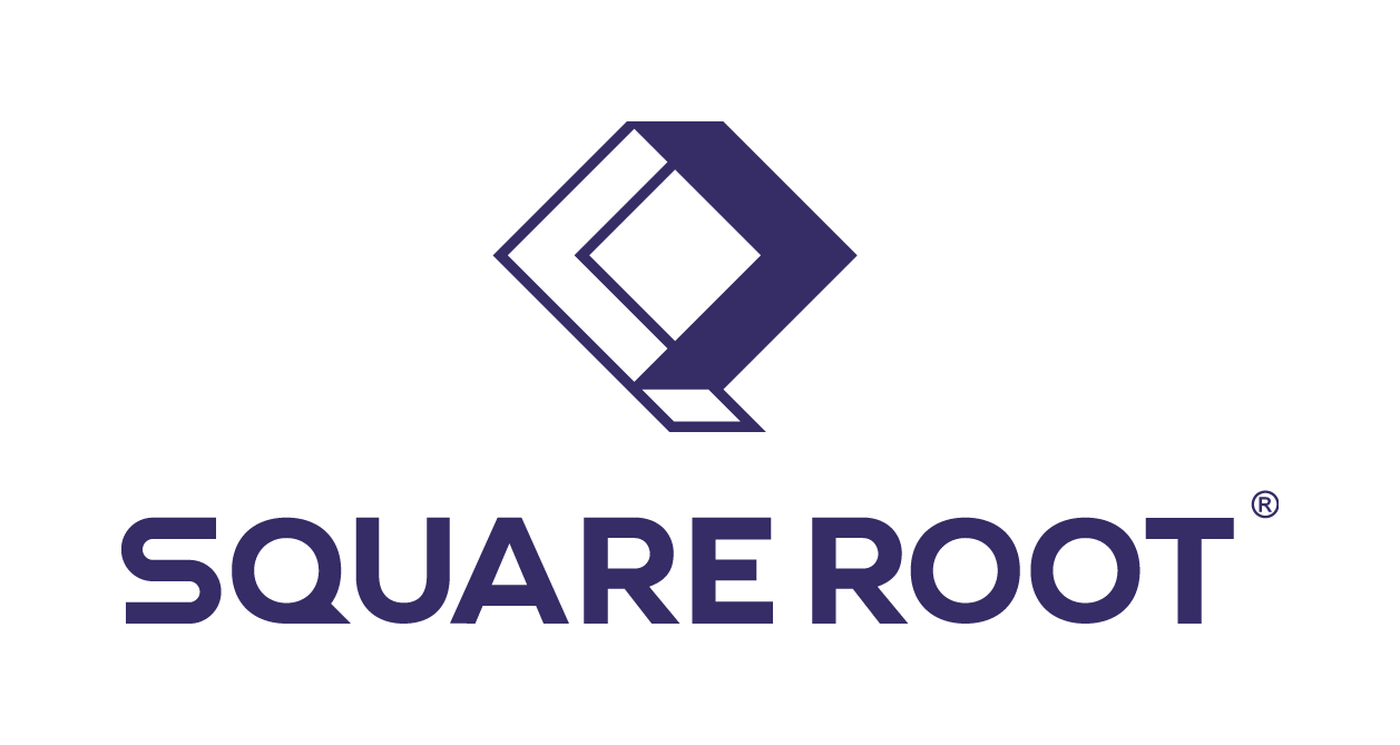 Logo of Square Root, featuring a stylized geometric diamond shape, with the words 'SQUARE ROOT' below in purple.
