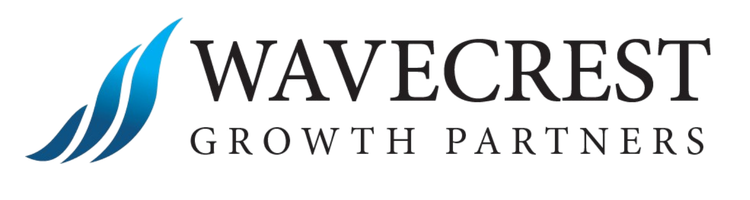 Logo for Wavecrest Growth Partners with a blue wave symbol and black text.
