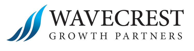 Wavecrest Growth Partners logo featuring blue wave graphic and black text on a green background.