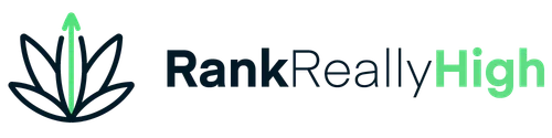 Logo with green arrow pointing upward, black and blue text reading "RankReally High"