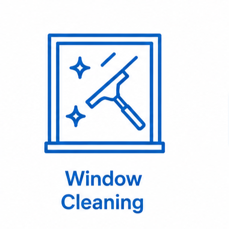 Icon of a squeegee cleaning a window with sparkles, labeled 'Window Cleaning' in blue text.