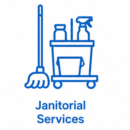 Line drawing of cleaning supplies and a mop with a cart labeled 'Janitorial Services' in blue.