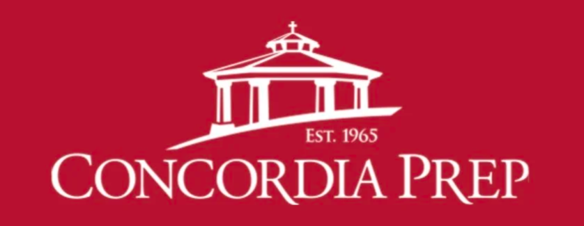 Concordia Prep logo with a white building and cross on a red background, established 1965.