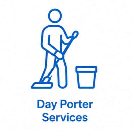 Icon of a person mopping next to a bucket with the text "Day Porter Services" underneath.