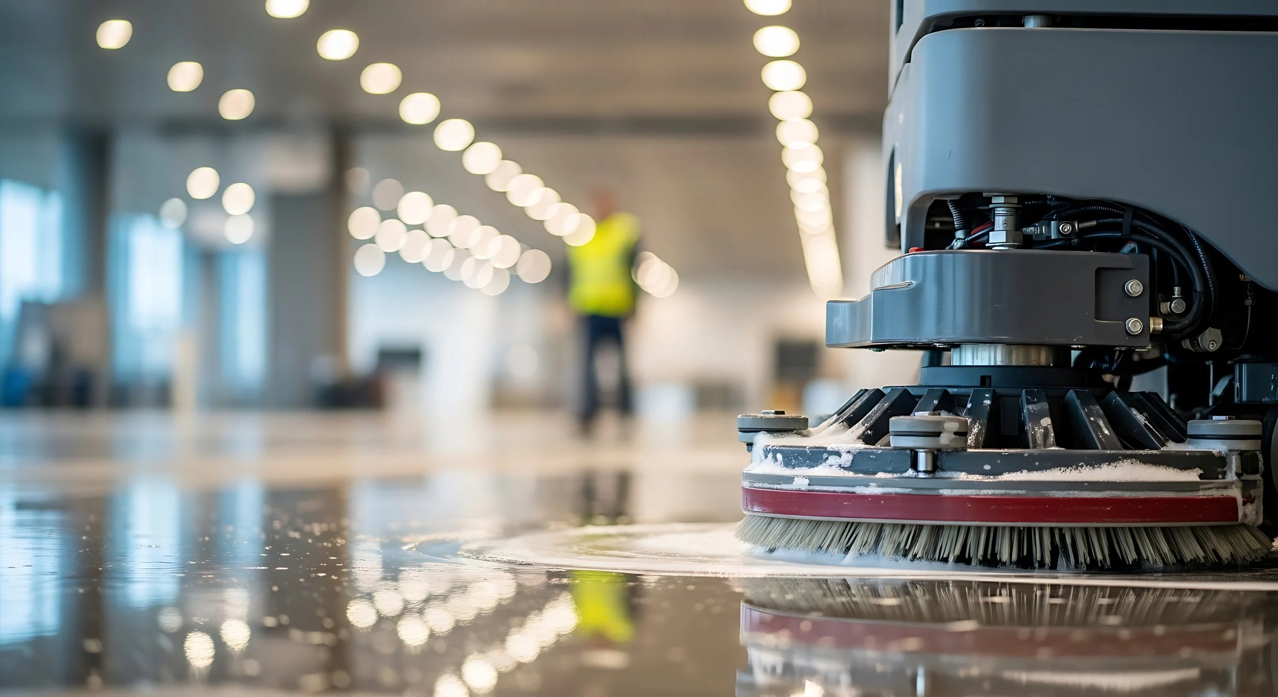 A robotic floor scrubbing machine cleaning a shiny floor in a modern indoor space with blurred lights and a person in the background.