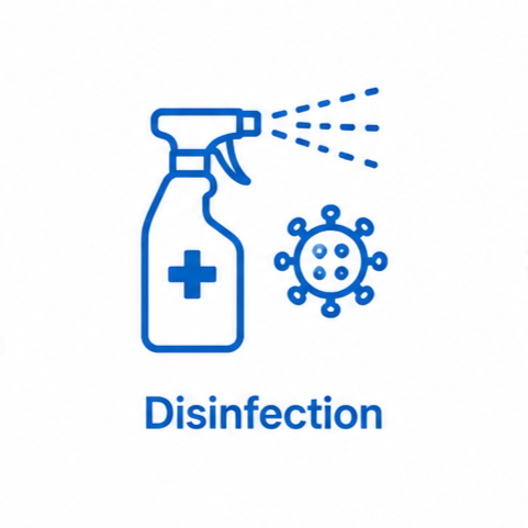 An illustration of a spray bottle with a medical cross, spraying disinfectant onto a virus symbol, with the word "Disinfection" below.