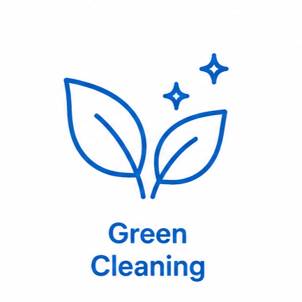 Icon of two leaves with sparkles above and the text 'Green Cleaning' underneath.