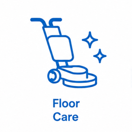 A line drawing of a wheelchair on a cleaning floor with sparkles, labeled 'Floor Care'.