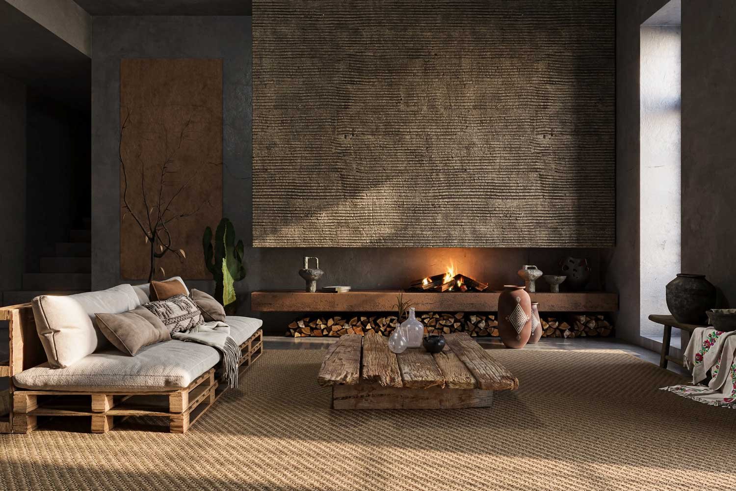 A cozy living room with a wooden pallet sofa with beige cushions, a rustic wooden coffee table, and a fireplace with stacked logs underneath. Decor includes vases, a cactus, potted plants, and various decorative items, with natural light streaming through a window.