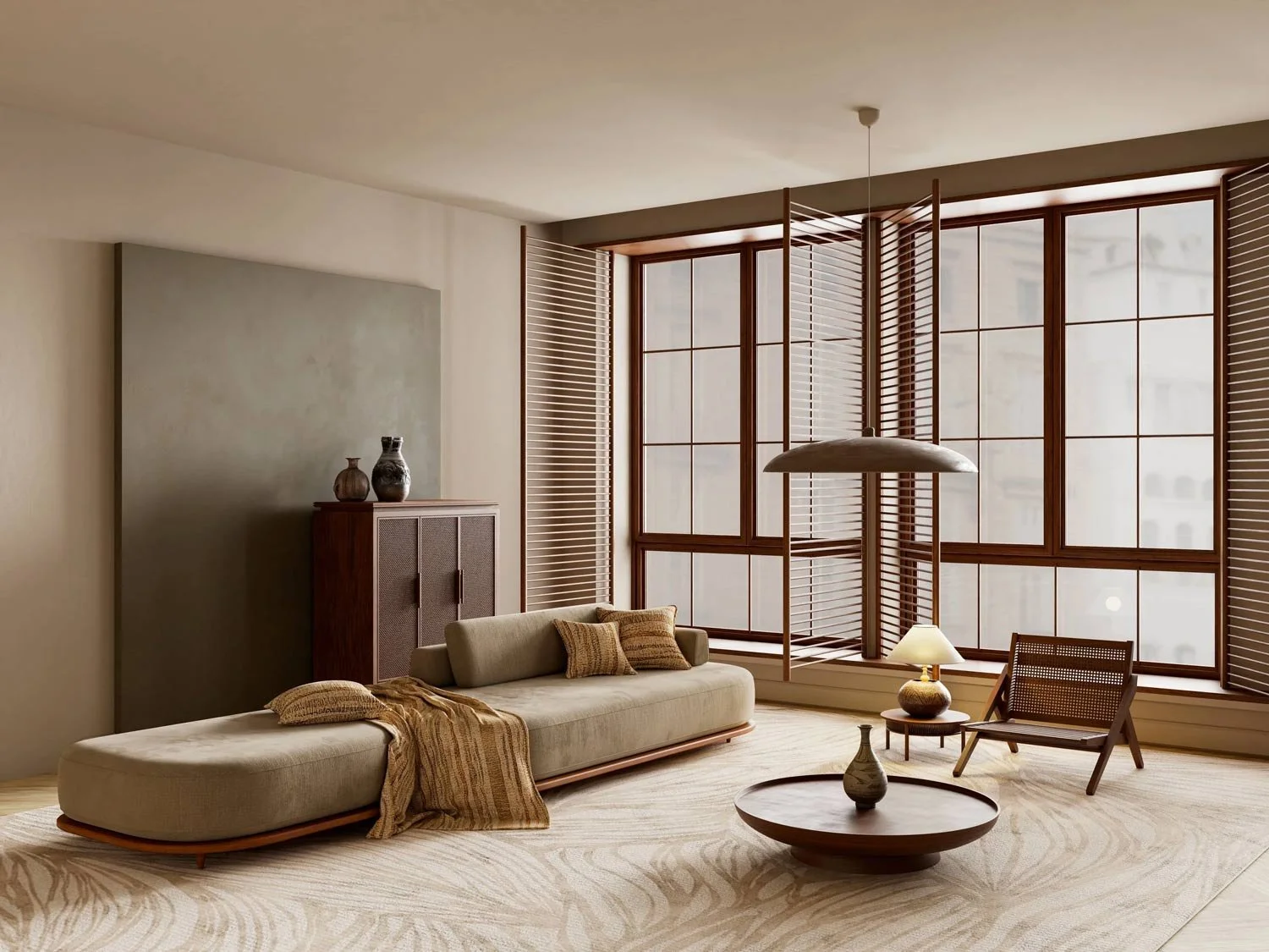 Living room with beige sofa, wooden chair, large windows, and minimalistic decor.