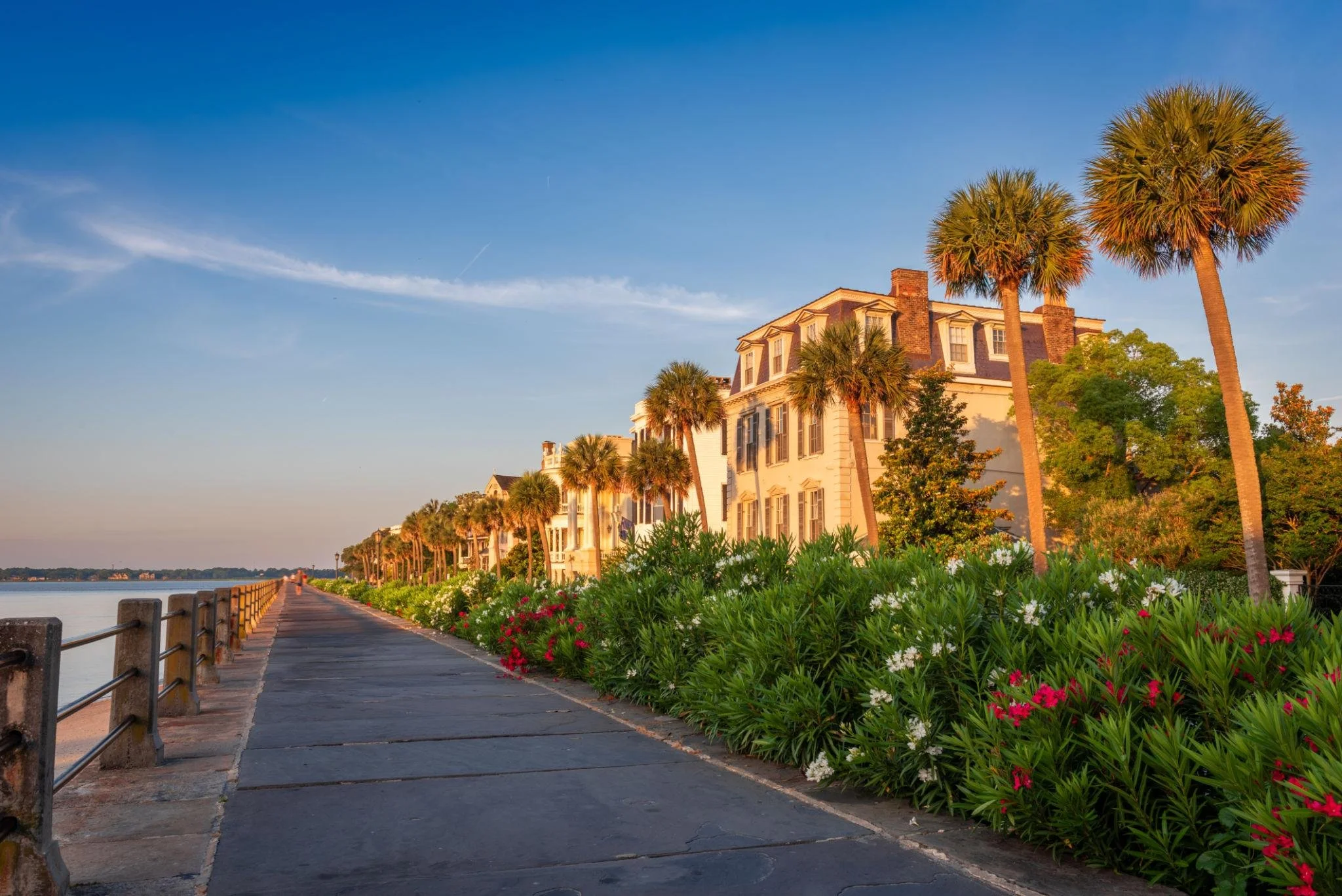 A scenic waterfront boardwalk alongside a large house with palm trees, colorful flowers, and a clear blue sky.