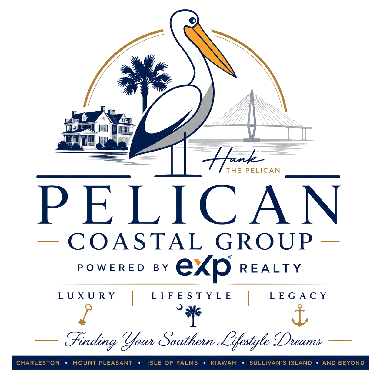 Logo for the Pelican Coast Group featuring a pelican, a large gold semi-circle, palm trees, houses, and a bridge, with text indicating locations like Charleston, Mount Pleasant, Isle of Palms, Kiawah, Sullivan's Island, and beyond.