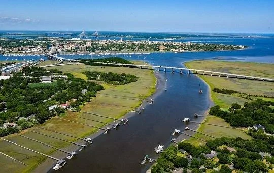Aerial view of a river with boats, surrounded by greenery, residential areas, and a bridge, with a coastal city in the background.