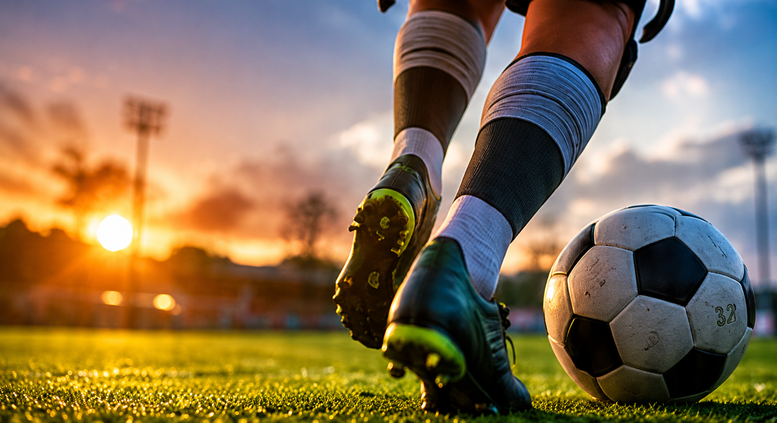 Close-up of a soccer player's legs and feet as they prepare to kick a black and white soccer ball on a field at sunset.