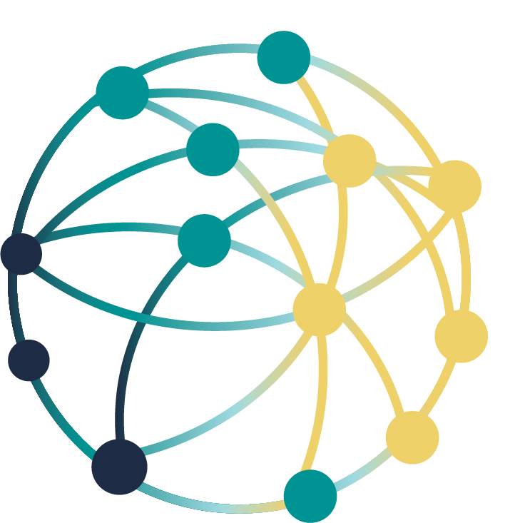 Diagram of a complex interconnected network with teal and yellow nodes connected by curved lines.
