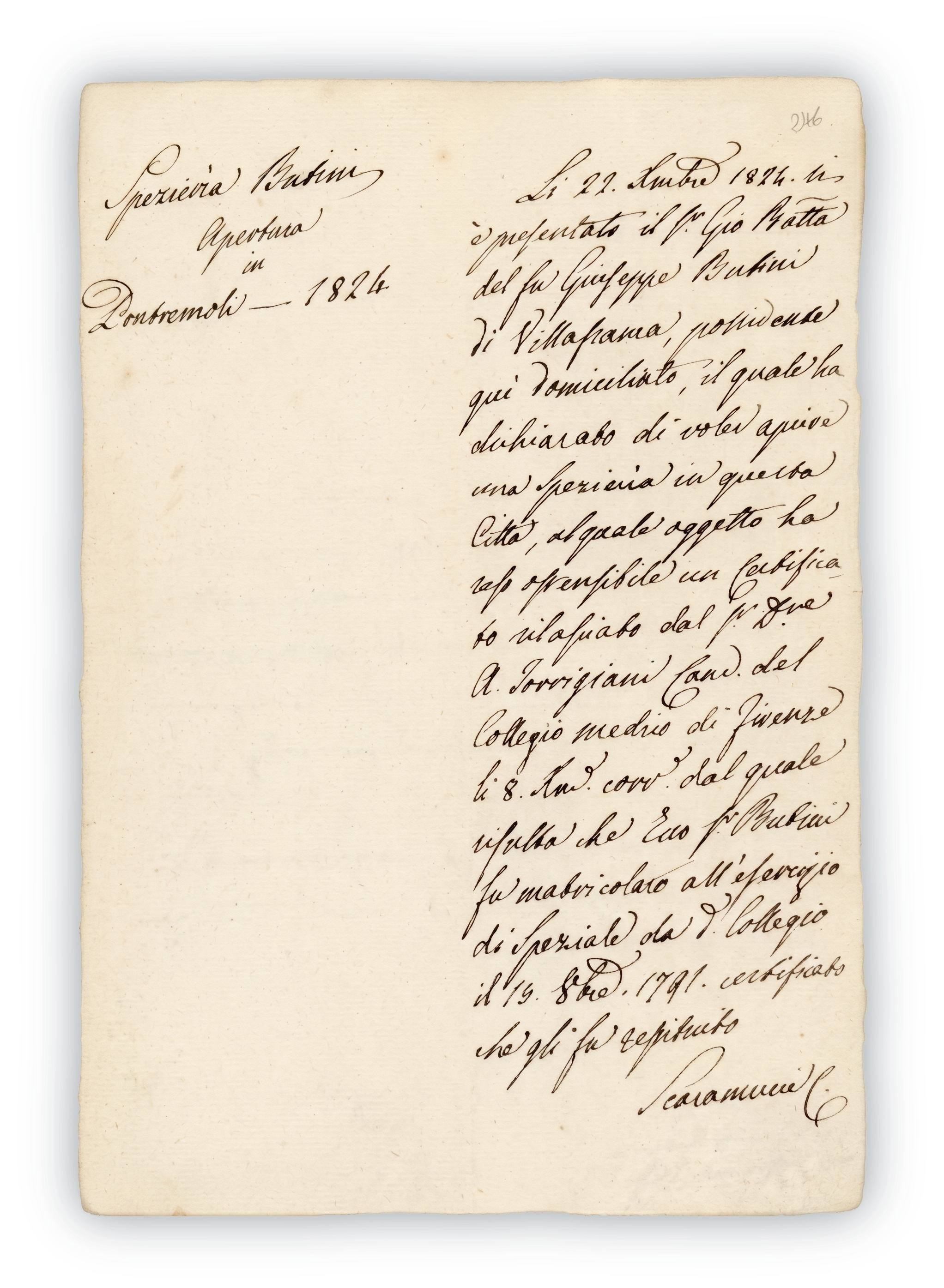 Apertura Farmacia Buttini Pontremoli 1824
