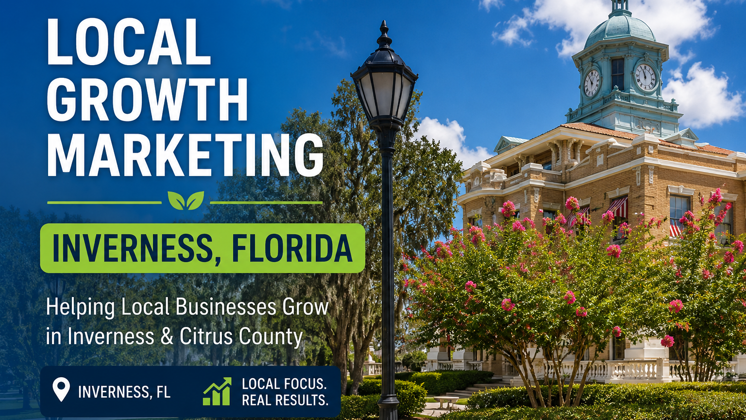 Promotional sign for local growth marketing in Inverness, Florida, with a historic building, flowering trees, and a street lamp in sunny weather.