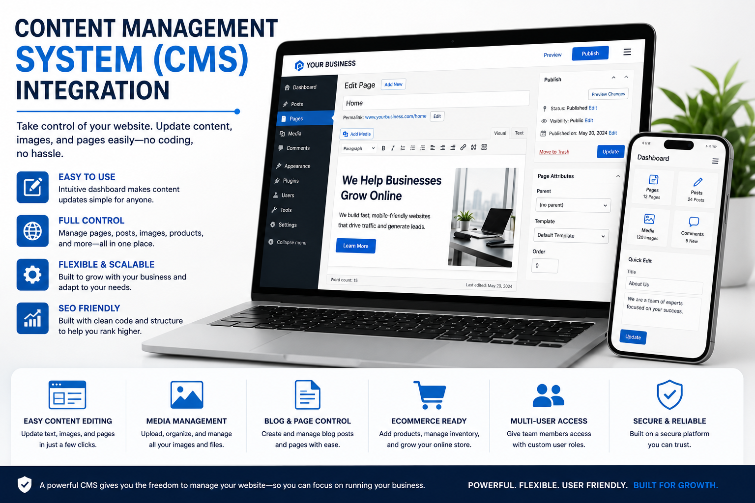 A digital advertisement showcasing a content management system (CMS) for website building. The ad features a laptop and smartphone displaying the CMS interface, along with icons and bullet points highlighting features like ease of use, control, scalability, SEO friendliness, content editing, media management, blog control, ecommerce readiness, multi-user access, and security.
