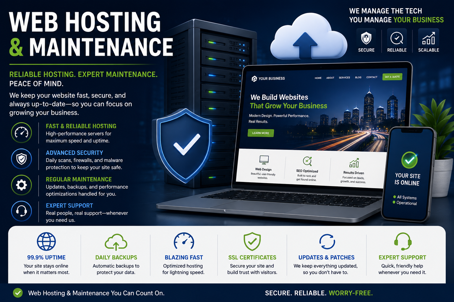 Web hosting and maintenance service advertisement with a server, a shield icon, and a smartphone displaying the site status. Highlights features like uptime, backups, security, and support.