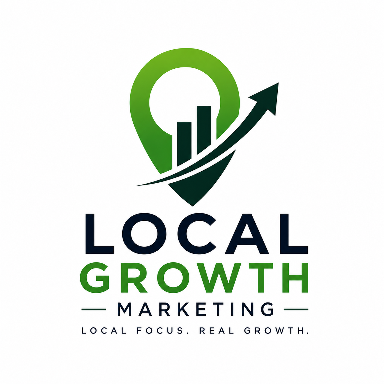 Logo for Local Growth Marketing featuring a green map pin with a bar chart and upward arrow, with the text 'Local Growth Marketing' and the tagline 'Local Focus. Real Growth.'