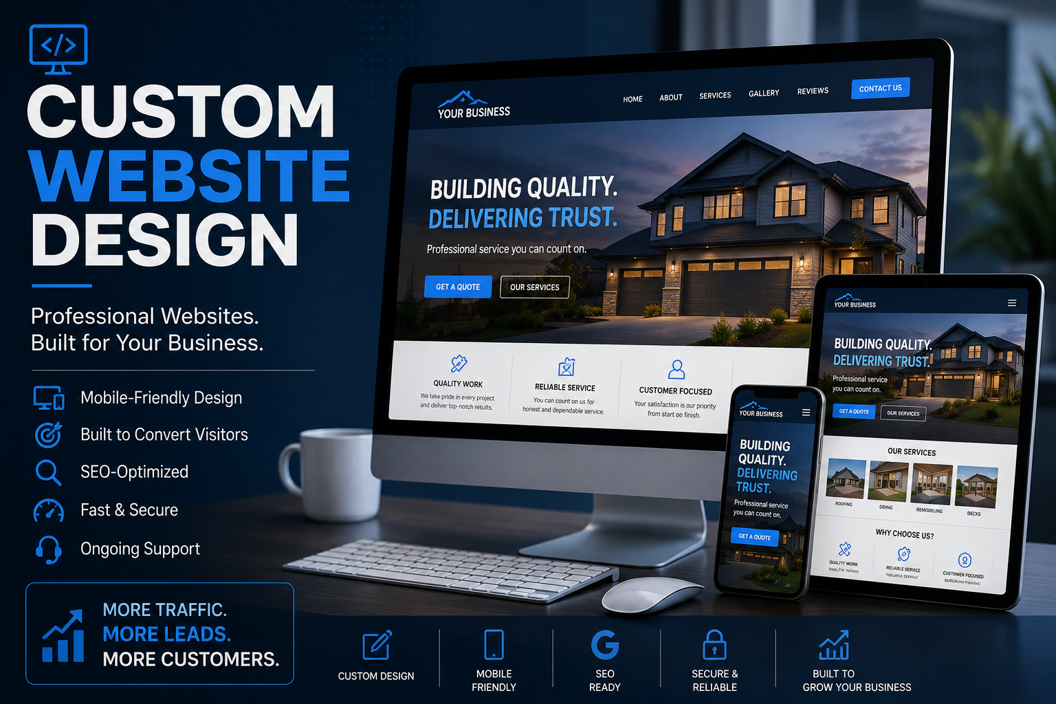 Graphic design showcasing a website for a custom house building business, with images of a modern house on desktops and mobile devices, and a list of service features.