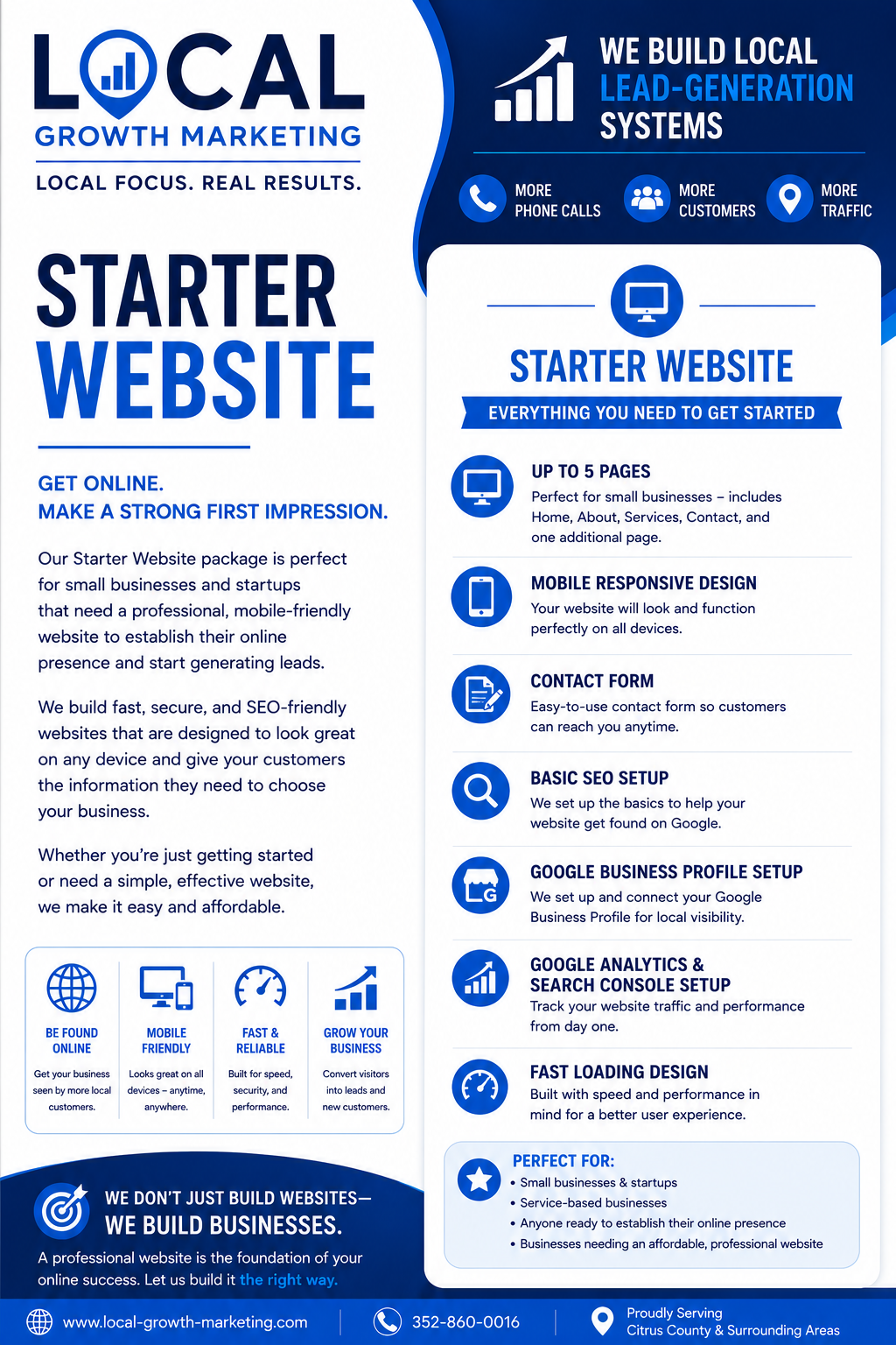Flyer for local growth marketing services advertising starter website packages, features, and benefits.