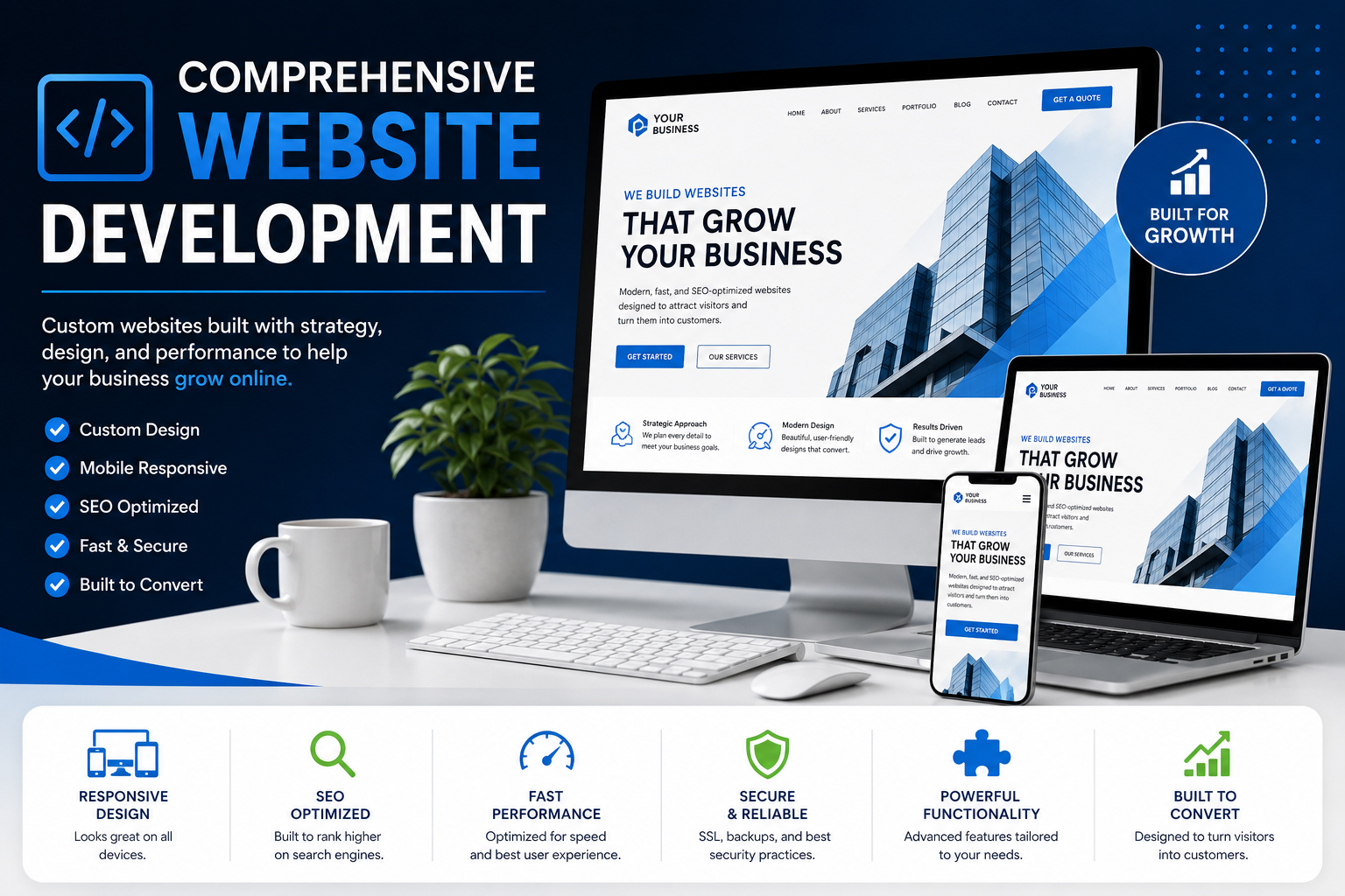 A digital advertisement showcasing website development services. The image features a desktop computer, a laptop, and a smartphone displaying a website with the headline 'We Build Websites That Grow Your Business.' The background is blue with text highlighting services like custom design, mobile responsiveness, SEO optimization, security, and conversion focus. The ad includes icons and brief descriptions of features such as responsive design, fast performance, security, powerful functionality, and built-to-convert websites.