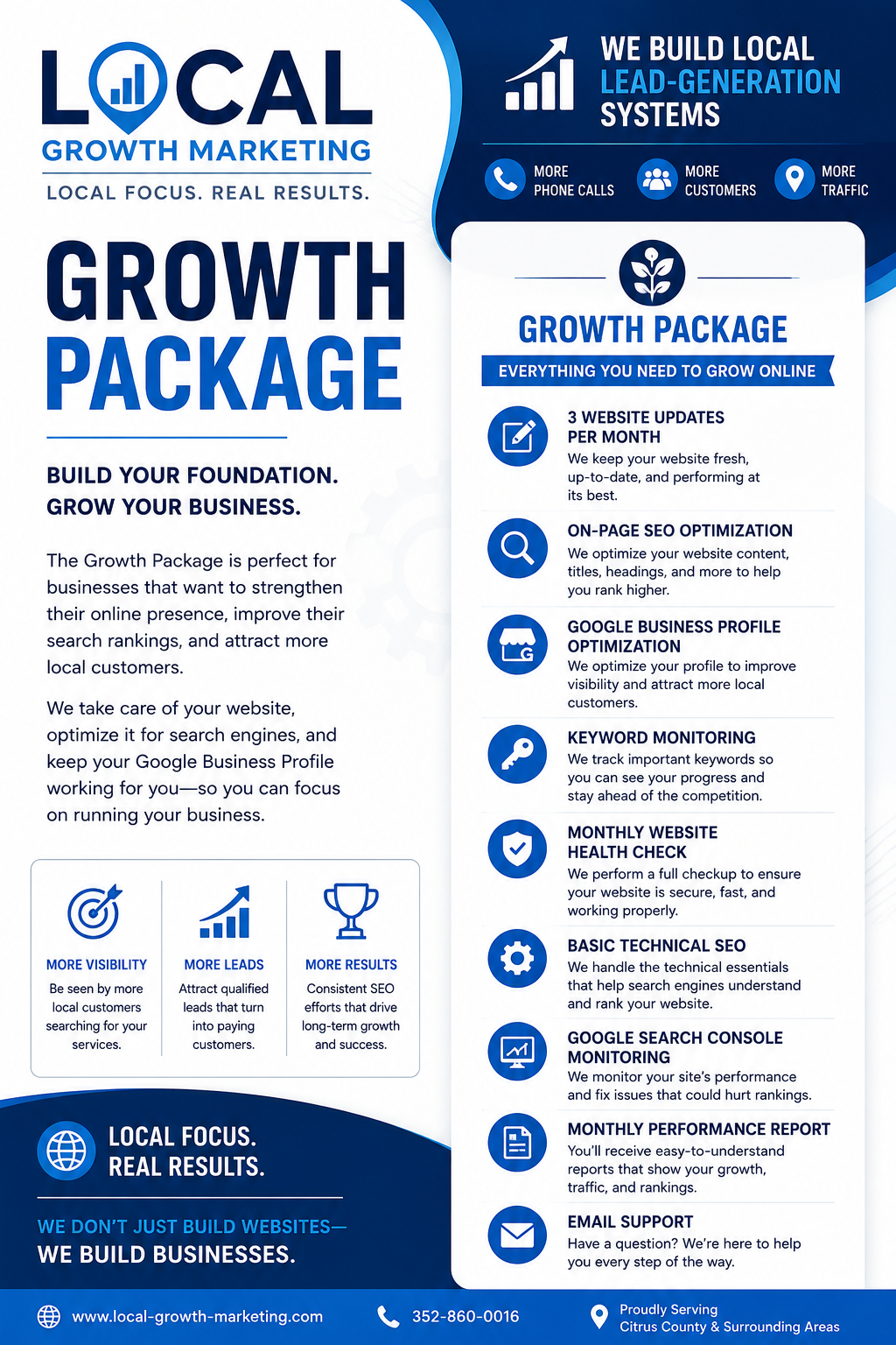 Flyer for Local Growth Marketing's Growth Package, advertising services such as website updates, SEO, Google profile optimization, keyword monitoring, website health checks, technical SEO, Google Search Console monitoring, performance reports, and email support, with contact information and a slogan emphasizing building local businesses.