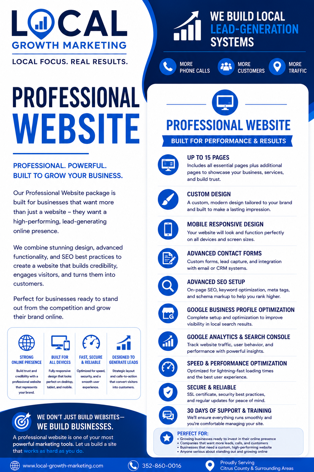 Marketing flyer for Local Growth Marketing promoting professional website building services. Highlights include customizable features, SEO, Google listings, analytics, speed optimization, secure hosting, and support with contact info and website URL.