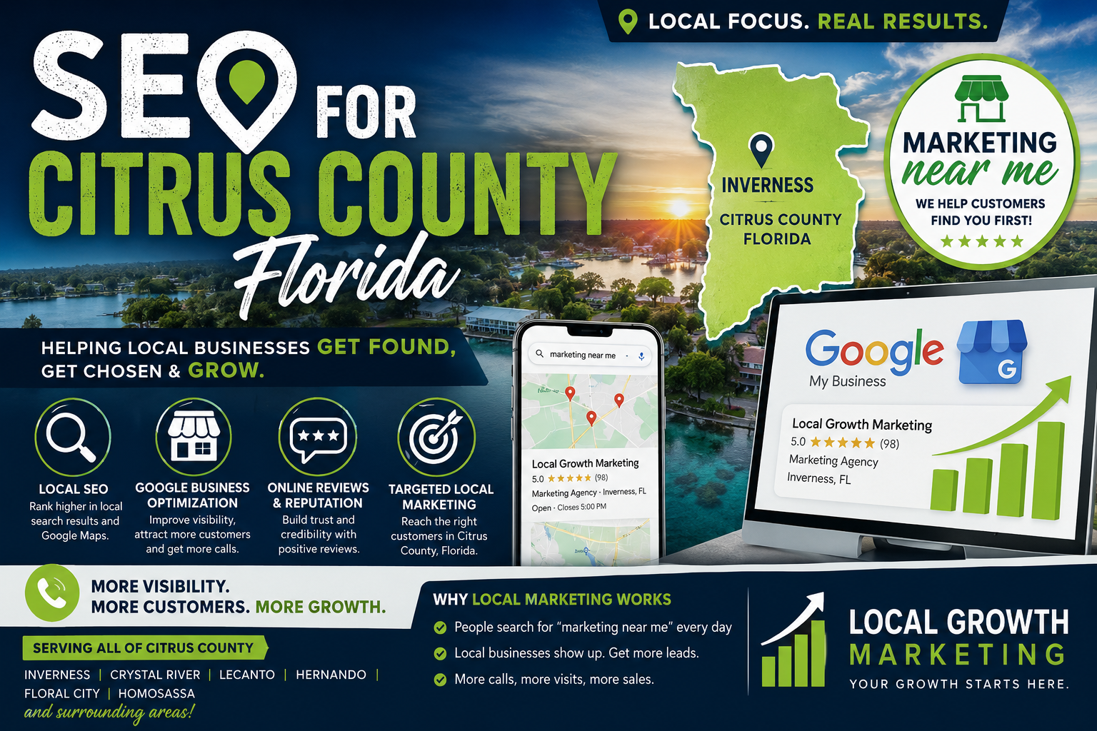 A promotional infographic for SEO and digital marketing services in Citrus County, Florida. It features a map of the area, a smartphone displaying local search results, and a computer monitor showing Google business listings with a growth chart. The infographic highlights benefits like increased visibility, customer engagement, and growth, targeting local businesses with services such as local SEO, Google My Business optimization, online reviews, and targeted local marketing. It emphasizes serving all of Citrus County including Inverness, Crystal River, Lecanto, Hernando, Floral City, and Homosassa, with slogans such as "Local focus. Real results." and "Your growth starts here."