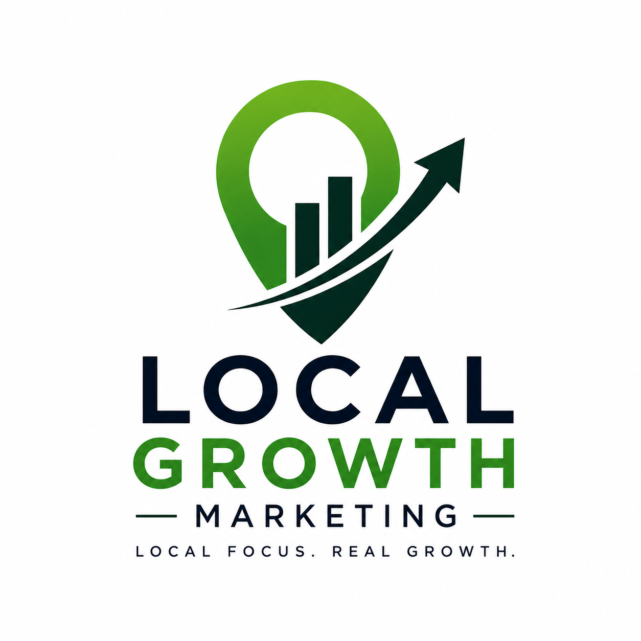 Logo for Local Growth Marketing featuring a green map marker with upward trending bar chart and arrow, with the text 'Local Growth Marketing' and the slogan 'Local Focus. Real Growth.'