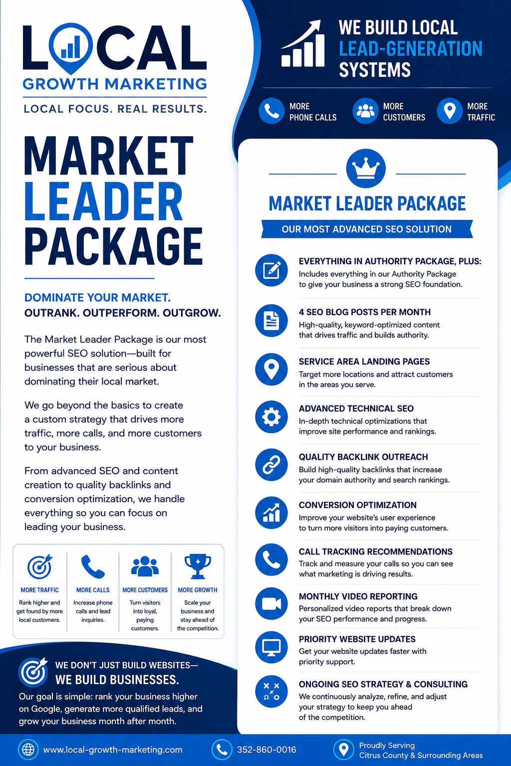 A promotional flyer for Local Growth Marketing highlighting their Market Leader Package with details on SEO solutions, backlinks, content creation, and marketing strategies to dominate local markets.