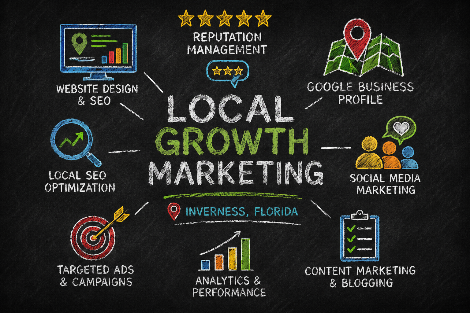 Chalkboard-style illustration of local growth marketing strategies, including website design, reputation management, Google business profile, social media marketing, content marketing, analytics, targeted ads, local SEO, and more, for Inverness, Florida.
