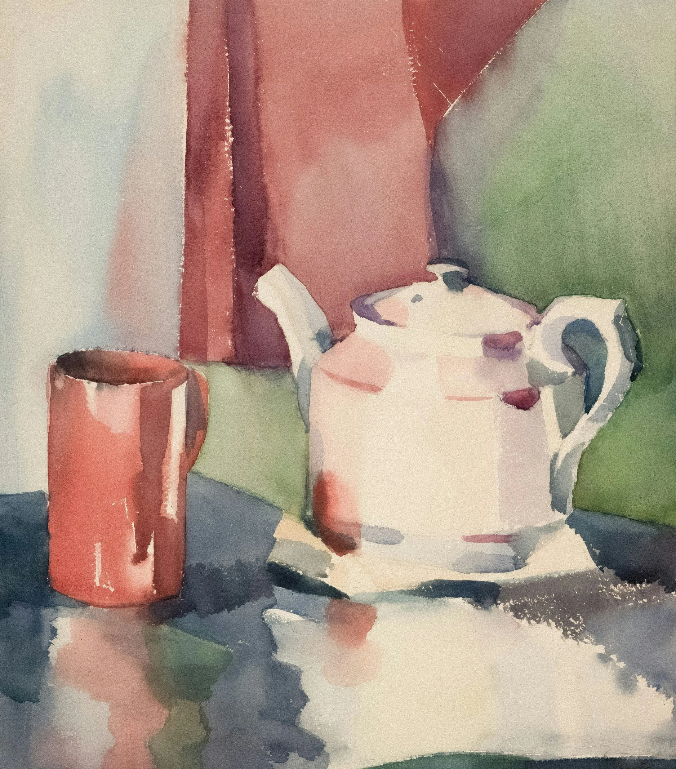 Abstract watercolor painting with shades of red, green, gray, and black blending into each other.