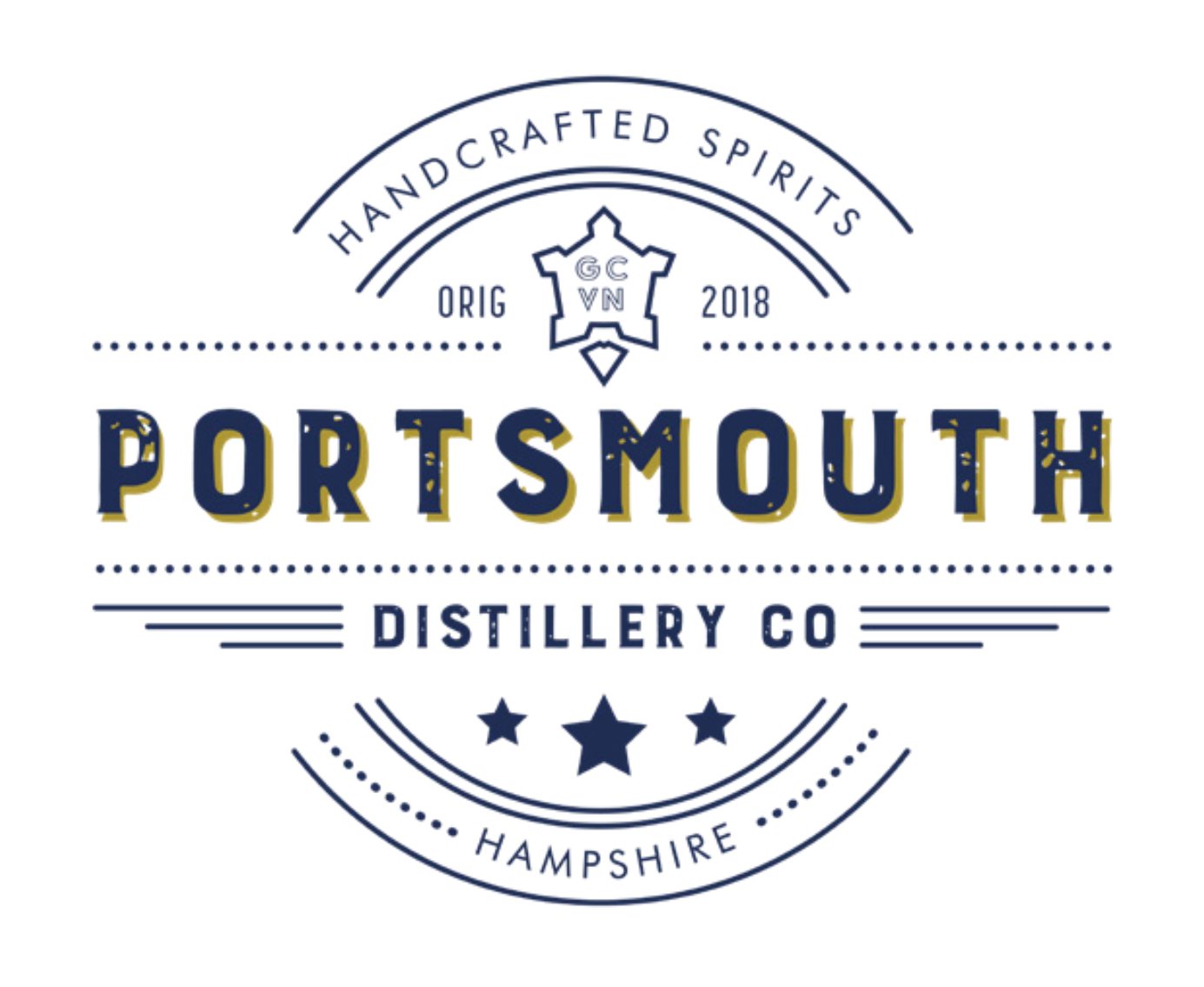 Logo for Portsmouth Distillery Co. featuring the text 'Handcrafted Spirits' and 'Est 2018', with the location 'Hampshire' at the bottom, decorative stars, and lines.