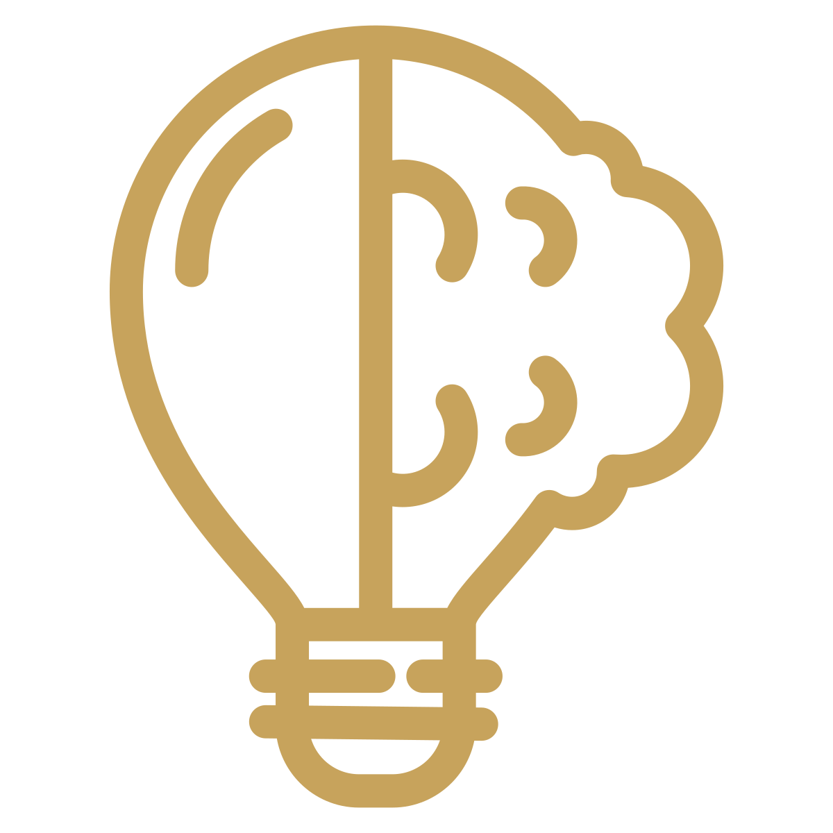 Gold outline of a light bulb with a brain shape on the right side representing ideas or thinking.