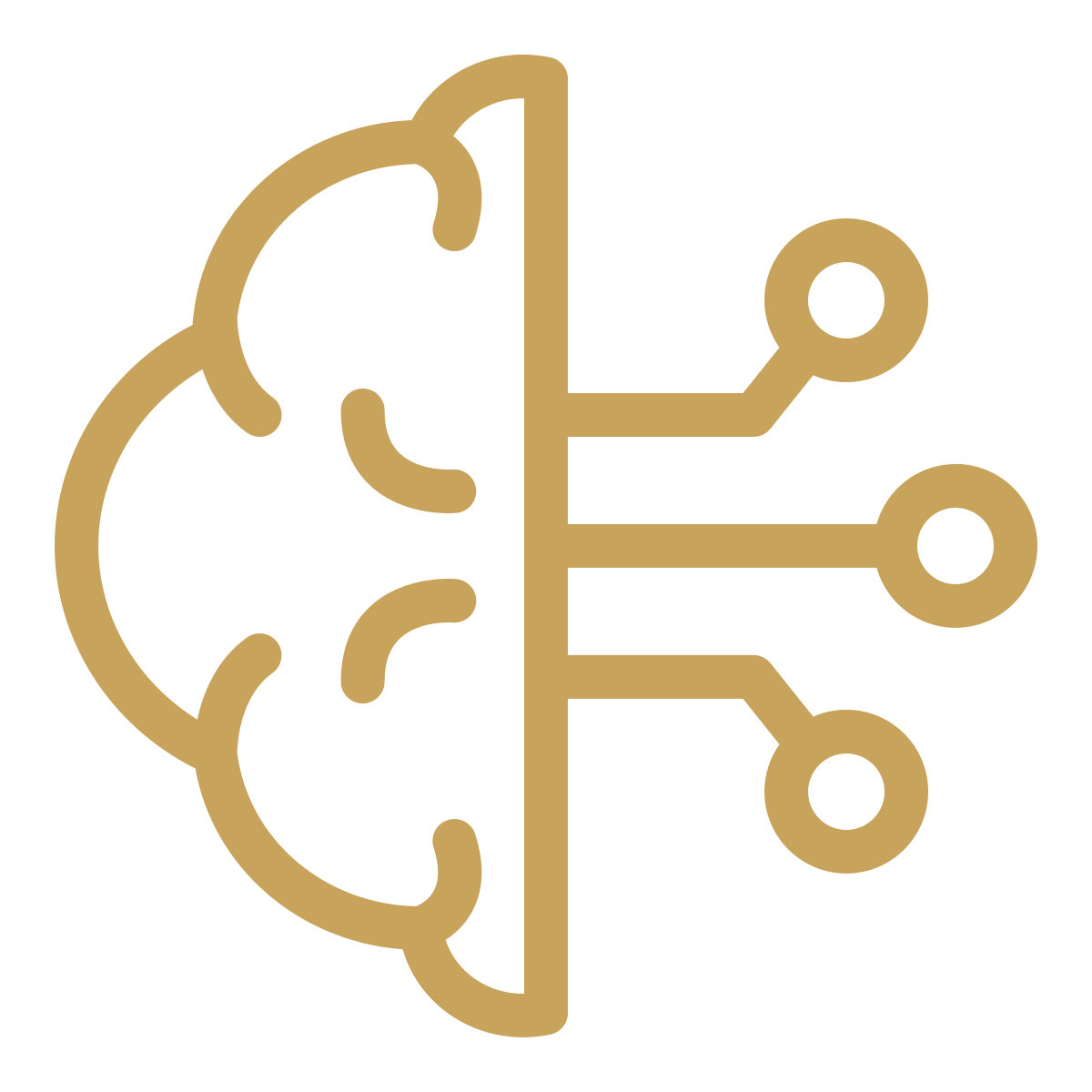 Icon representing artificial intelligence or machine learning, with a half human brain connected to a network of nodes on a black background.