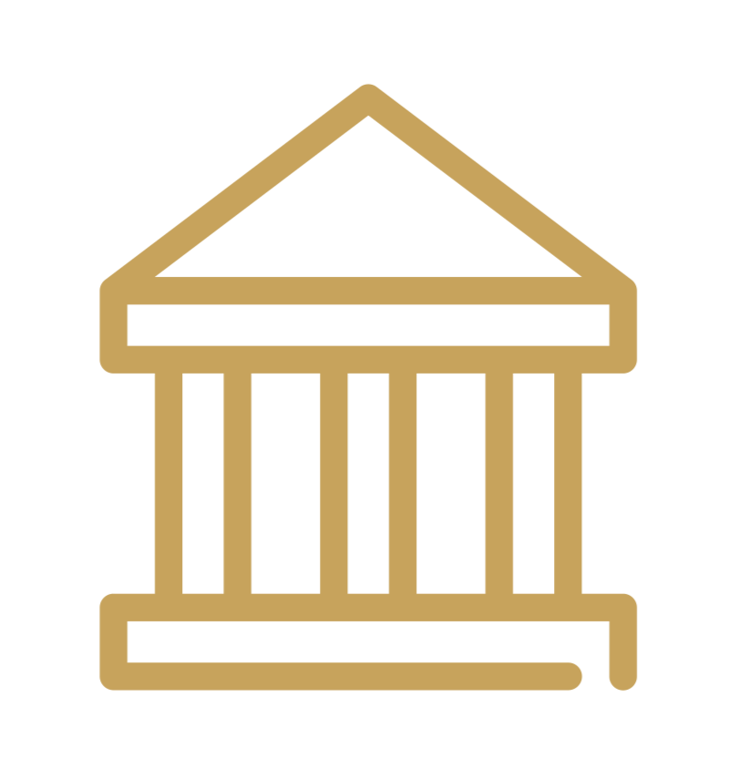 Outline of a classical building with columns, a triangular roof, and steps in a gold color.