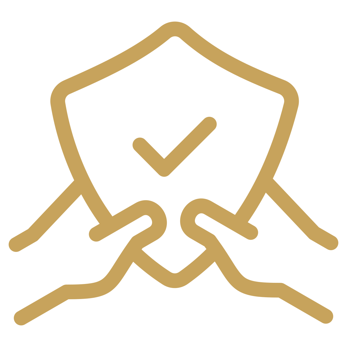 Gold outline of hands holding a shield with a checkmark inside.