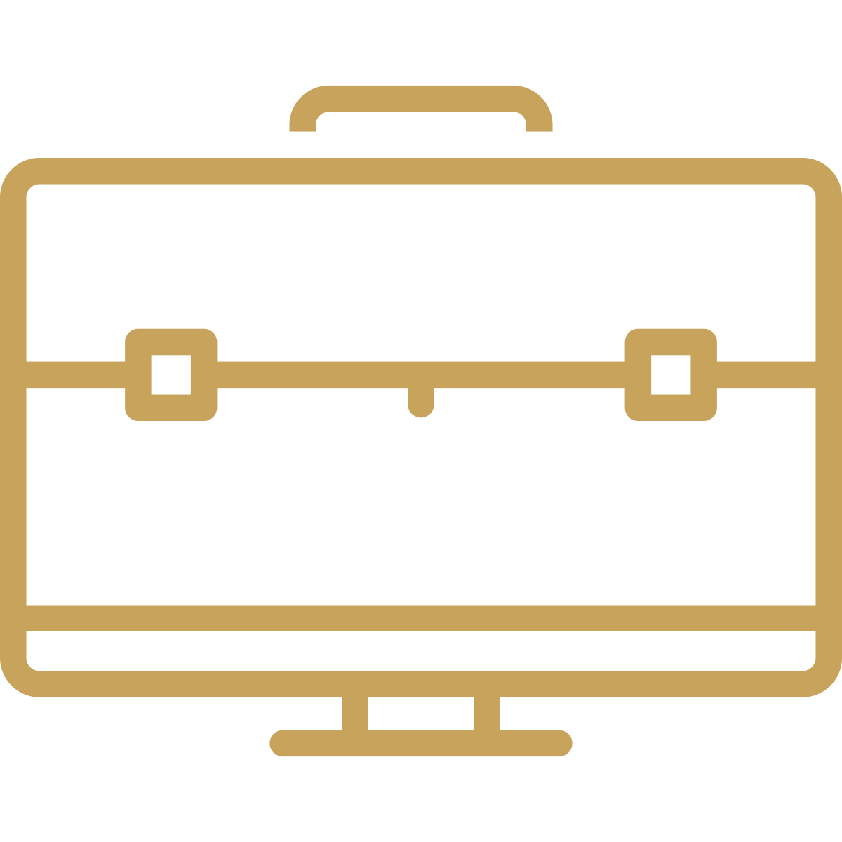 Outline drawing of a briefcase on top of a computer monitor.